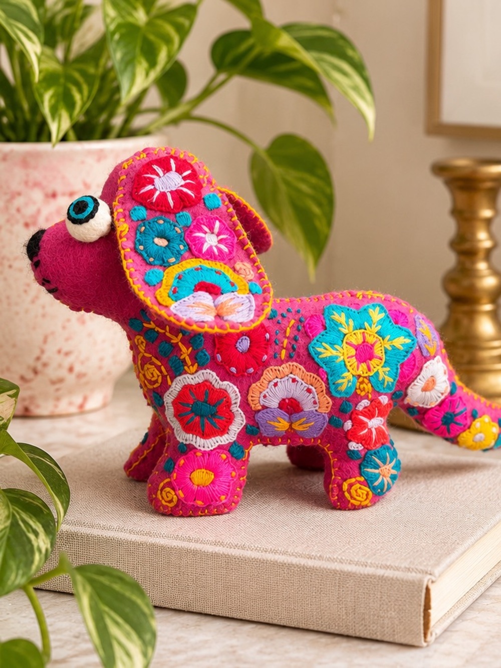 Hand Embroidered Pink Felt Dachshund Dog Figurine Floral Folk Art Decor